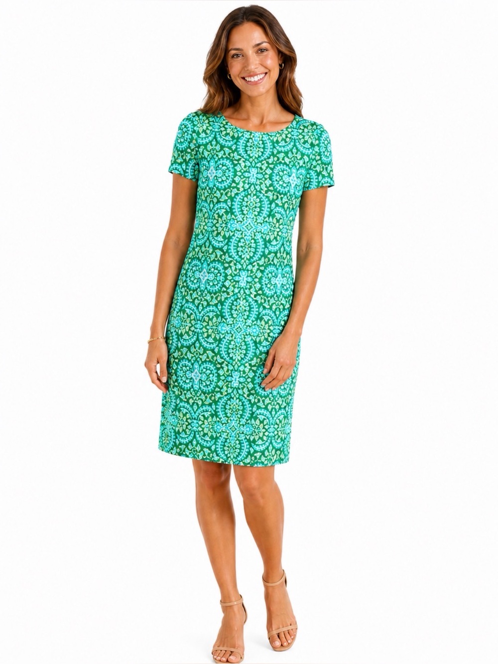 Talbots Green and White Patterned Short-Sleeve Shift Dress
